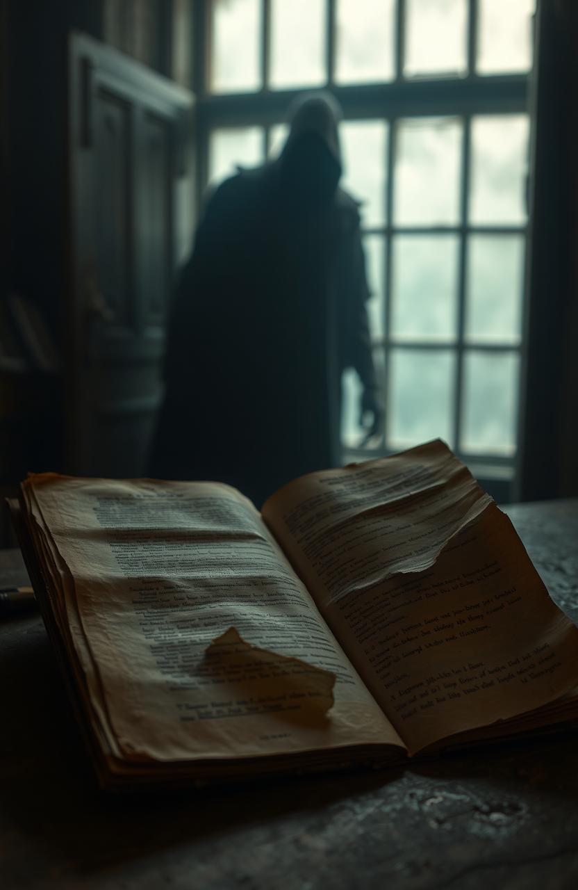 An old, weathered manuscript with torn pages, sitting on a rustic wooden desk in a dimly lit room