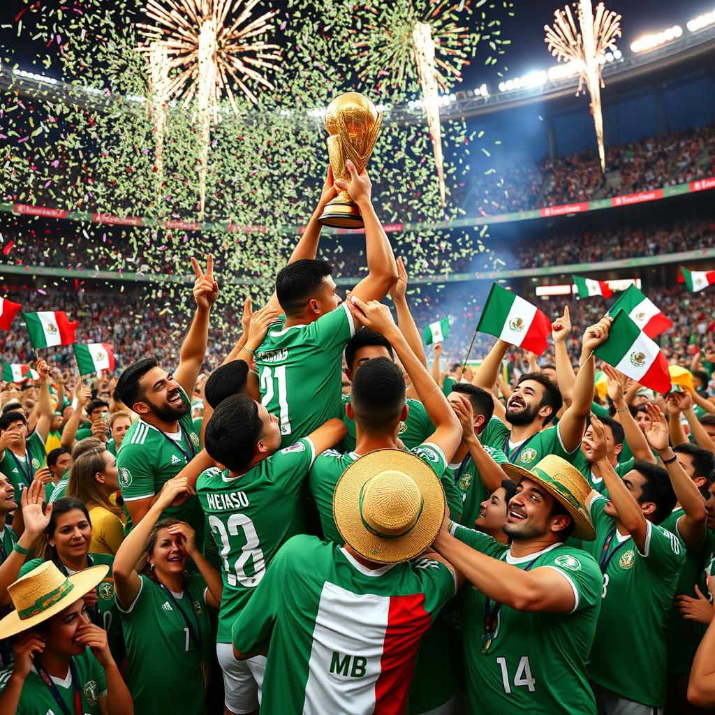 A triumphant scene showcasing the Mexican national soccer team celebrating after winning the World Cup