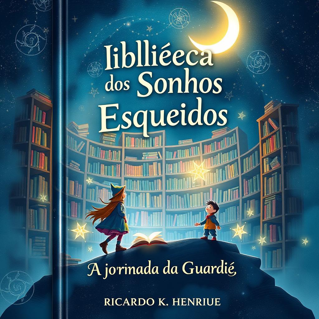 A captivating and enchanting book cover design for "Biblioteca dos Sonhos Esquecidos: A jornada da Guardiã" by Ricardo K