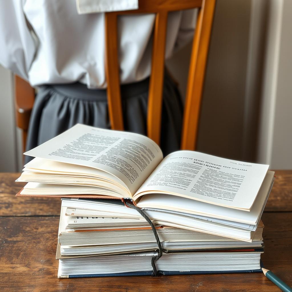 A neat stack of school books on a rustic wooden table, showcasing several books open with small writing and scribbles visible on their pages