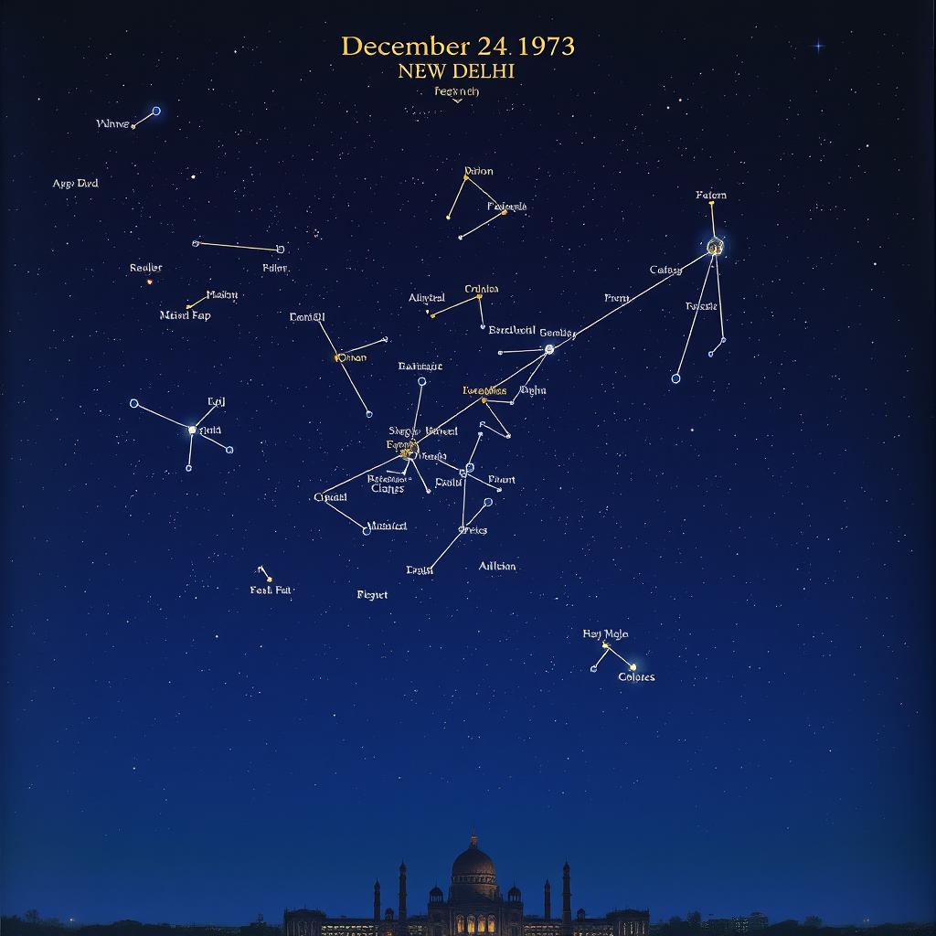 A detailed star map depicting the night sky above New Delhi on December 24, 1973