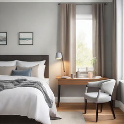 A well-lit, comfortable bedroom, featuring a stylish table for reading or working.