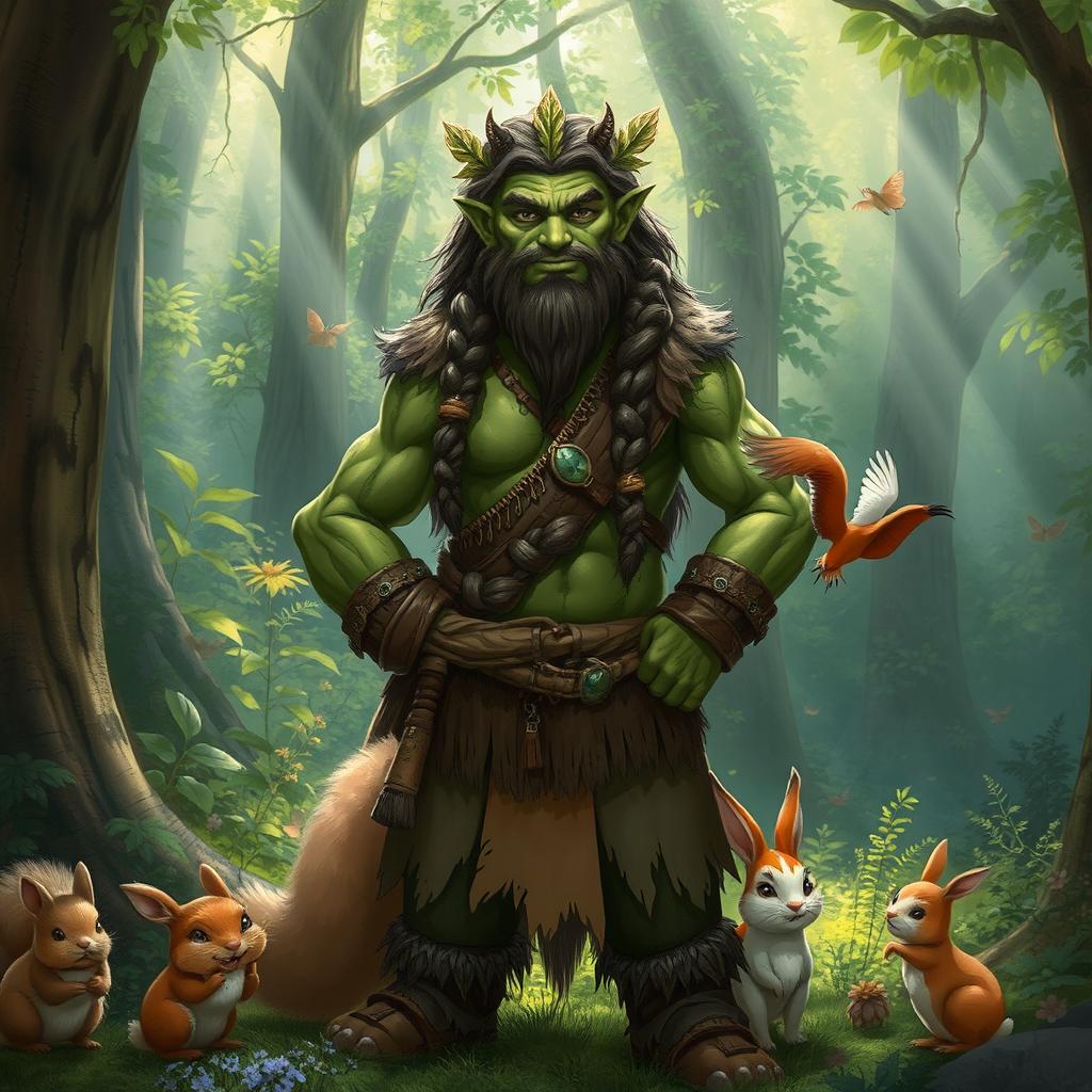 A half-orc druid standing confidently in a lush, vibrant forest, surrounded by small woodland creatures such as squirrels, rabbits, and birds