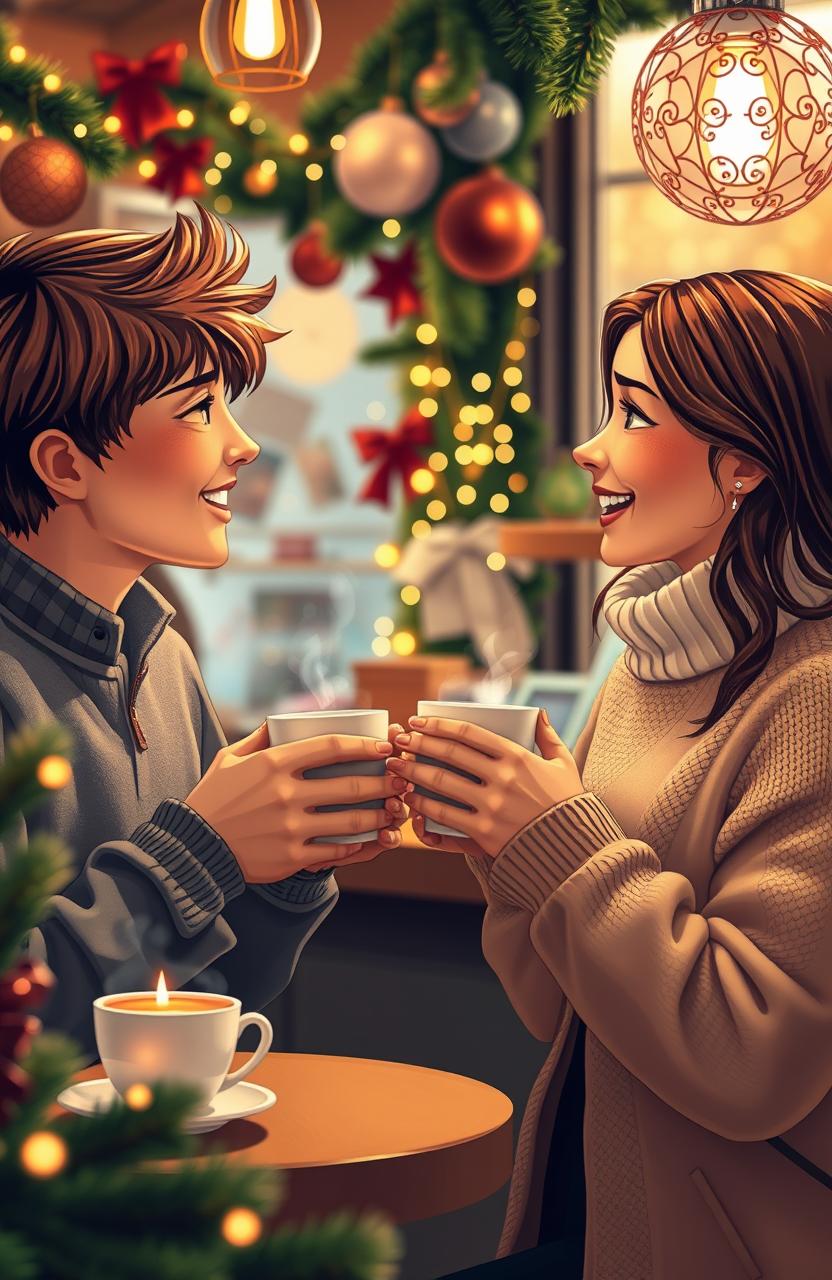 A charming holiday romance scene set in a cozy coffee shop adorned with festive decorations