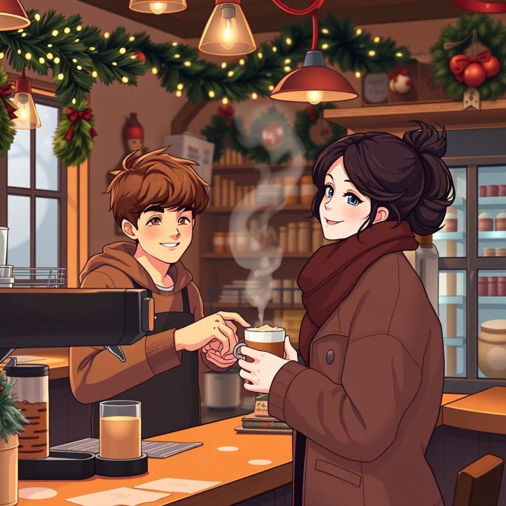 A cozy, romantic scene set inside a charming coffee shop decorated for Christmas