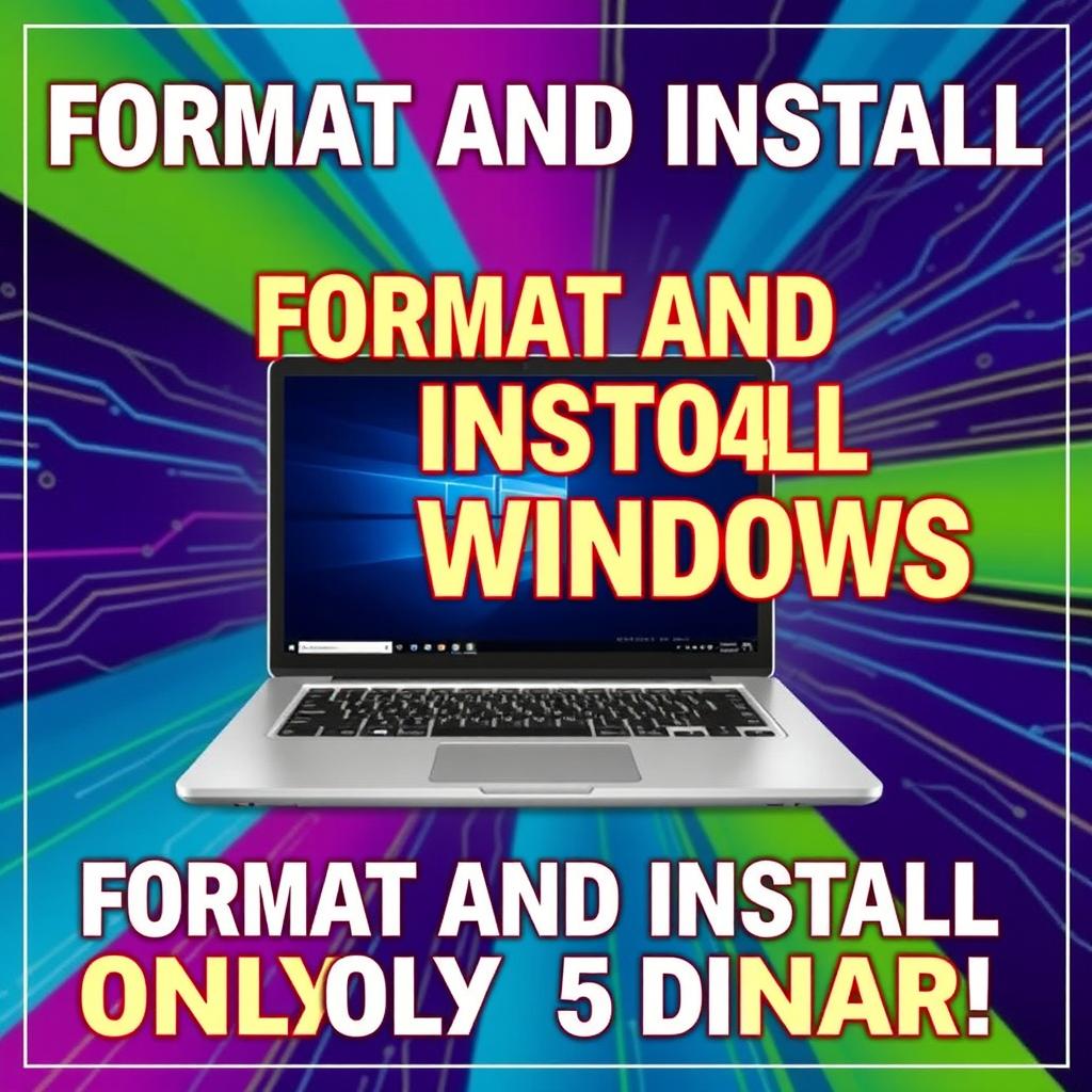 A promotional poster showcasing the service of formatting and installing Windows for just 5 Dinar