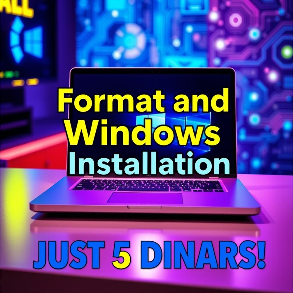 A vibrant and eye-catching promotional image advertising computer format and Windows installation service for just 5 Dinars