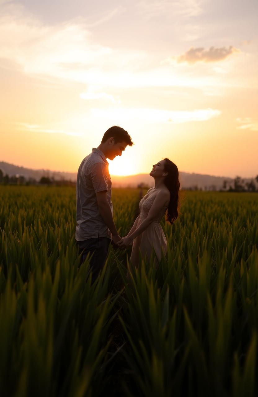 A romantic scene set in a lush green rice paddy field during sunset