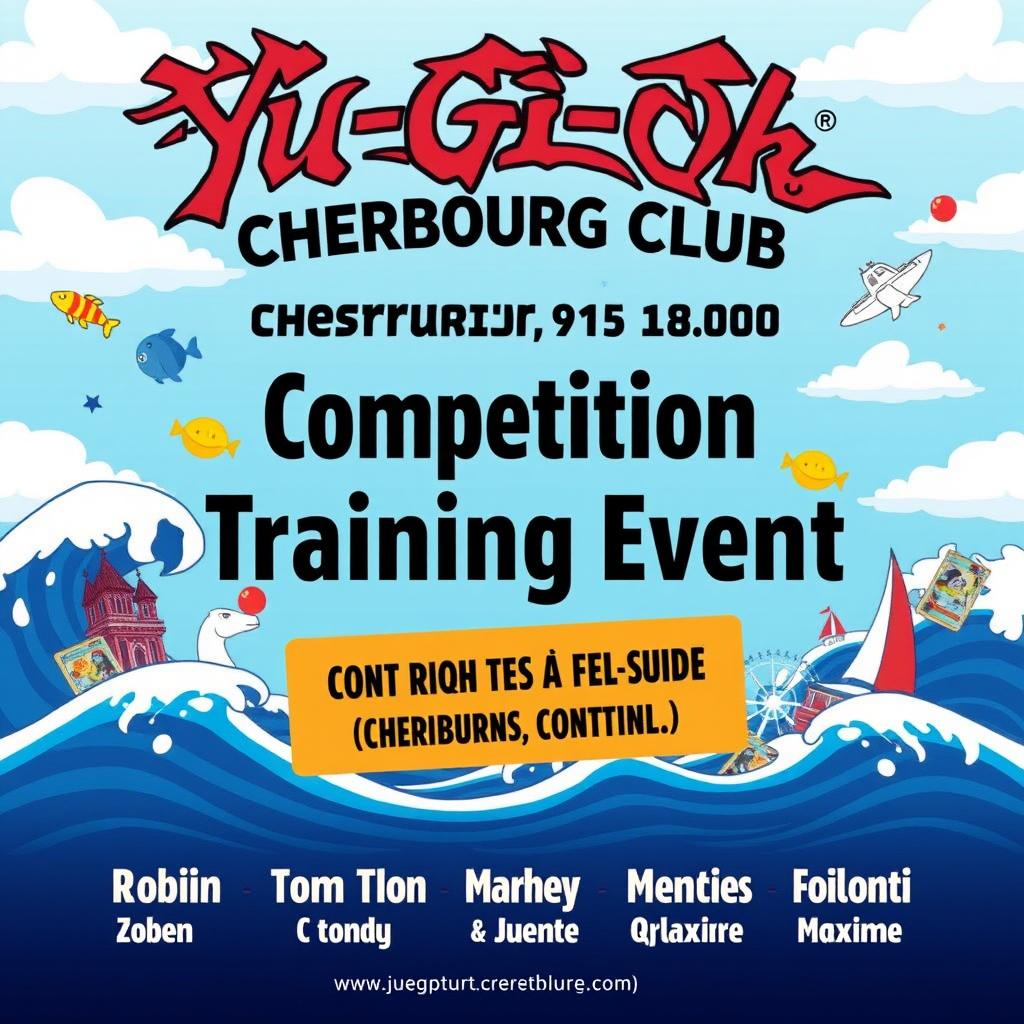 A vibrant and dynamic festival poster design for the Yu-Gi-Oh Cherbourg Club event on February 15th, 18:00 to 00:00