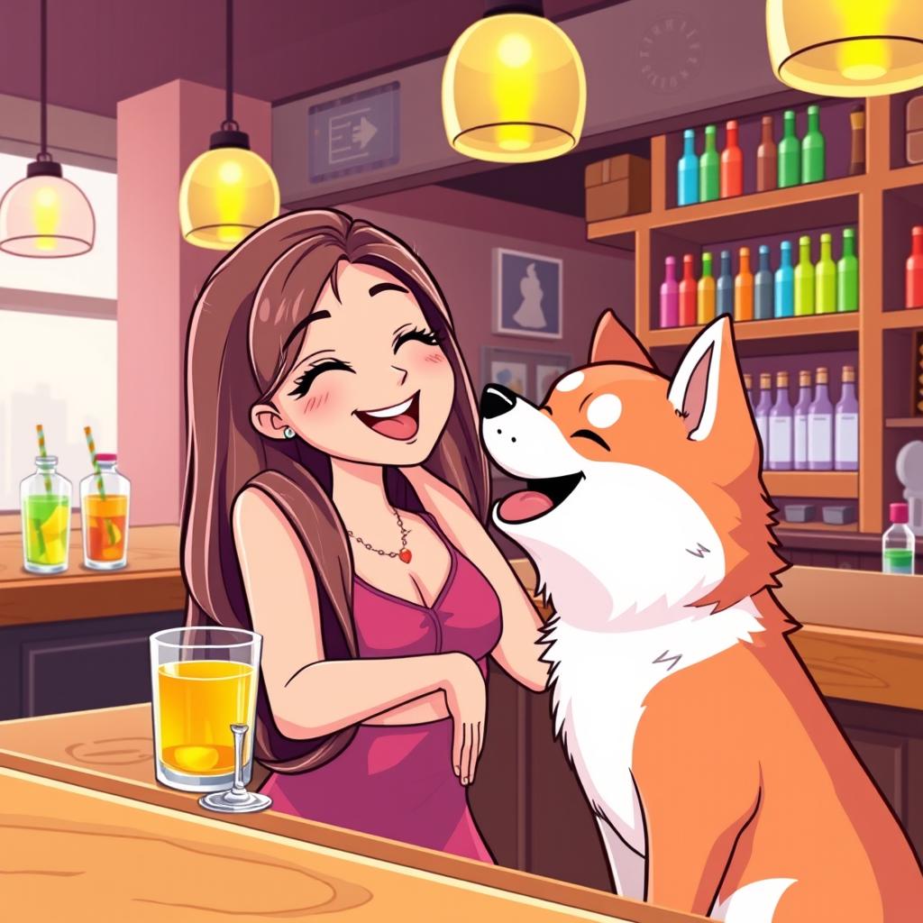 A playful scene featuring a cute Akita dog giving a kiss to a girl at a bar