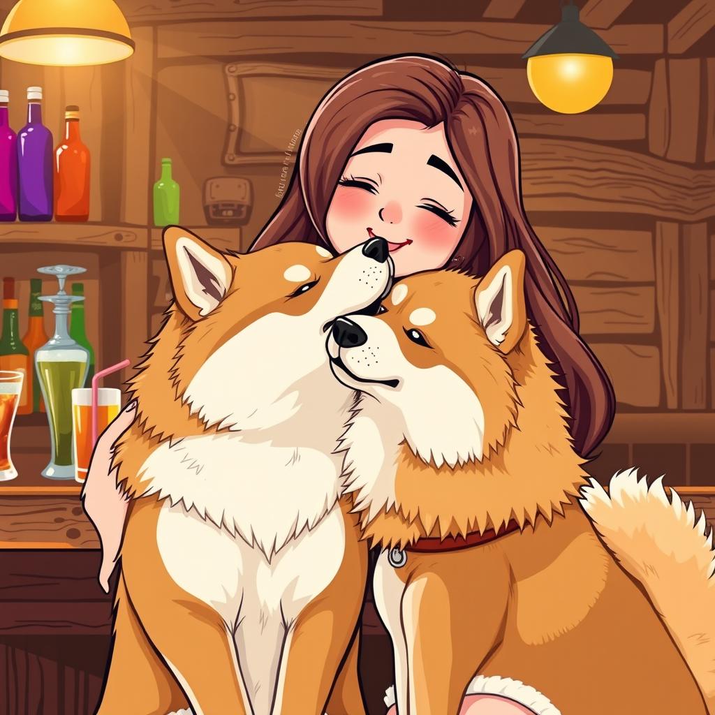 A girl and an Akita dog sharing a sweet kiss at a bar, vintage vector style illustration