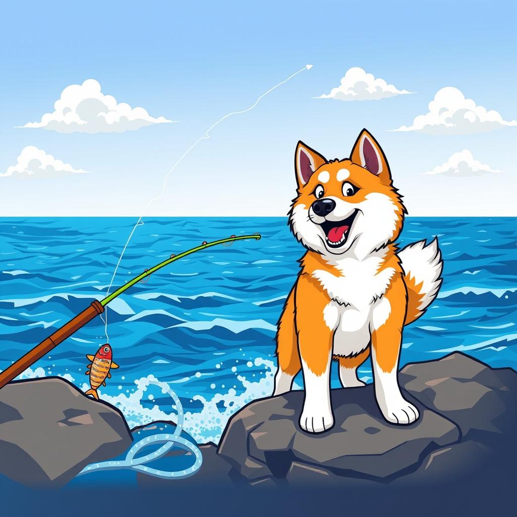 A playful Akita dog fishing in the ocean, depicted in a vibrant vector art style