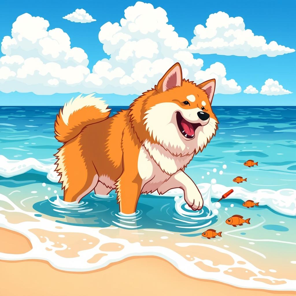 An Akita dog happily fishing in the ocean, depicted in a vibrant vector style