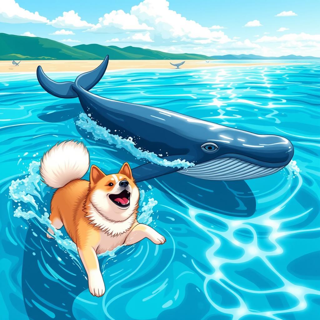 A playful Akita dog swimming joyfully in the ocean beside a majestic whale, both enjoying their time together in the crystal-clear water