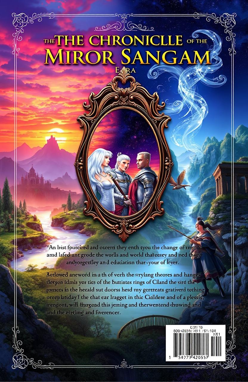 The back cover of a fantasy book titled "The Chronicles of the Miror Sangam Era", featuring a mystical and enchanting background with ethereal landscapes composed of lush forests, ancient ruins, and glowing rivers
