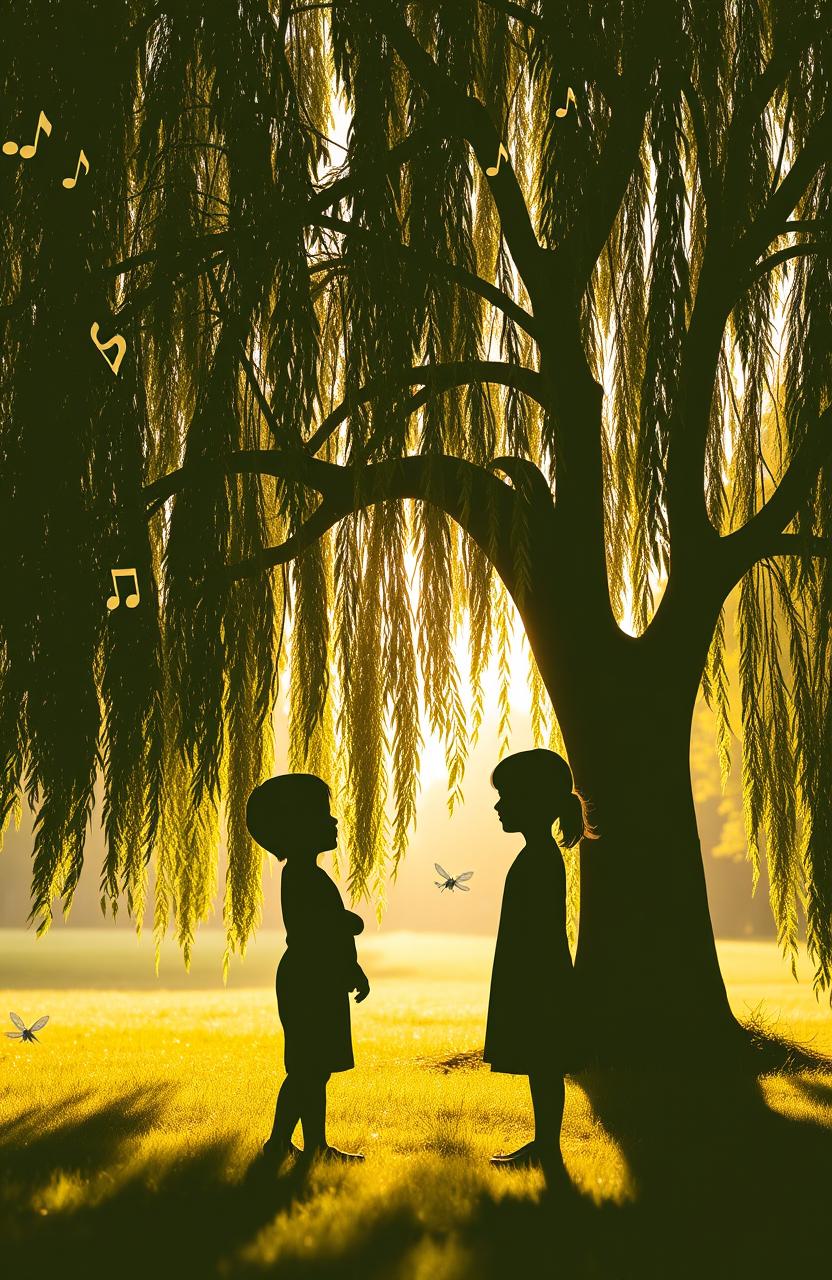 Silhouettes of three children, two boys and one girl, standing under a large, graceful willow tree on a sunny summer day