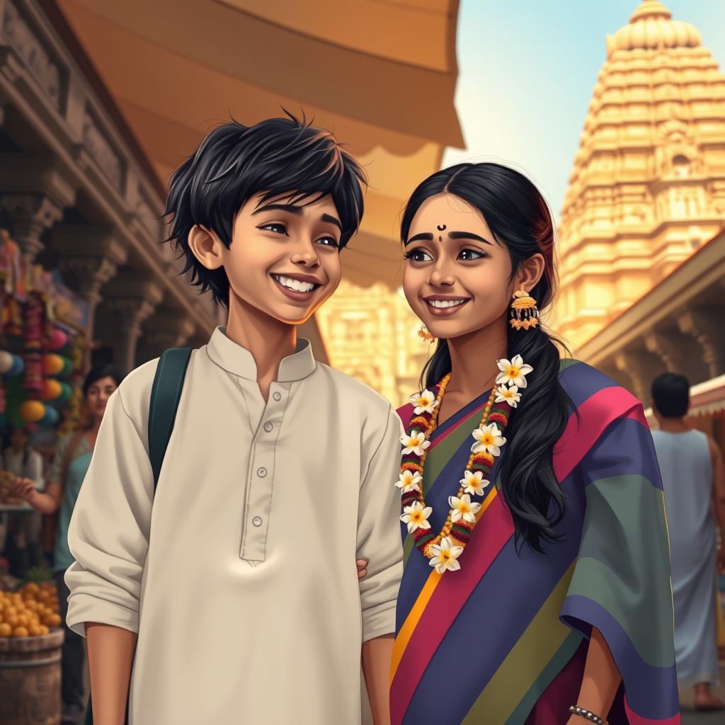 An enchanting scene from 'The Chronicles of Miror Sangam Era', showcasing a young boy and girl exploring the vibrant streets of Madurai