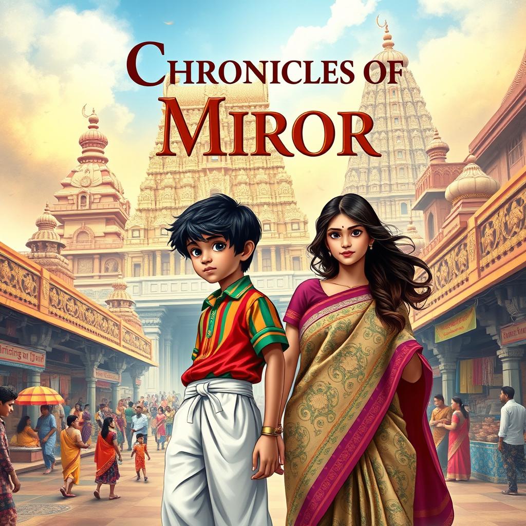 A captivating book cover for 'Chronicles of Miror Sangam Era', featuring a boy and girl exploring the vibrant streets of Madurai