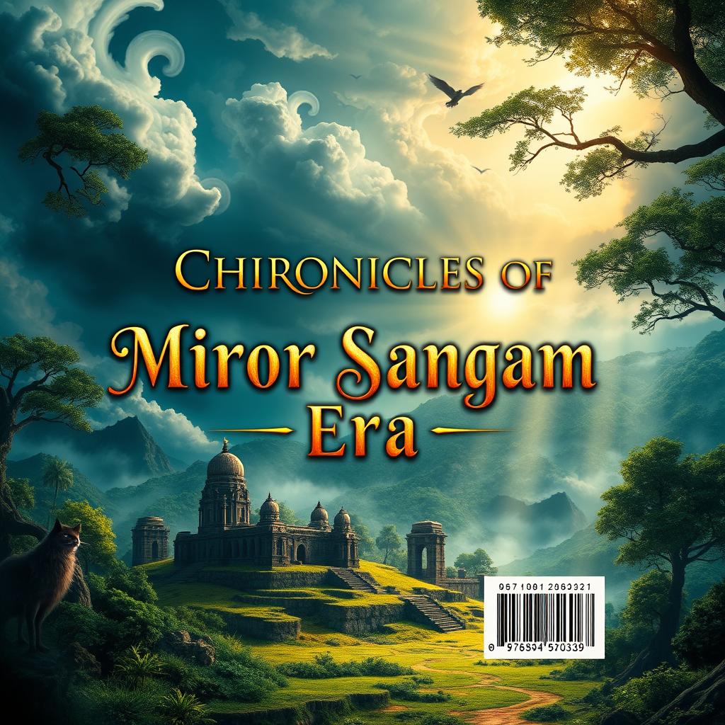 A visually striking book back cover design featuring the words 'Chronicles of Miror Sangam Era' prominently displayed in an elegant, fantasy-style font