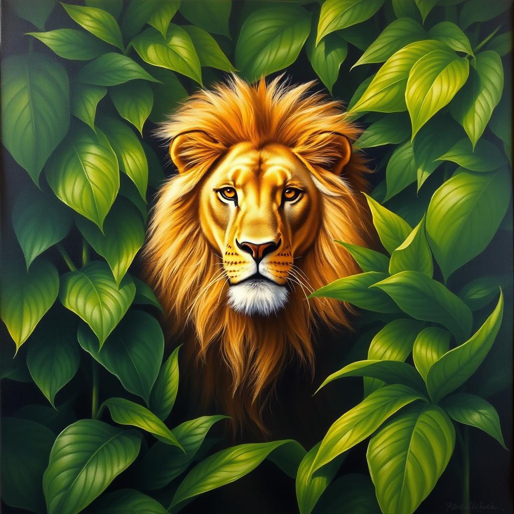 An oil painting featuring a majestic lion positioned in the center of the canvas, surrounded by vibrant, lush green foliage with large leaves that envelop the lion