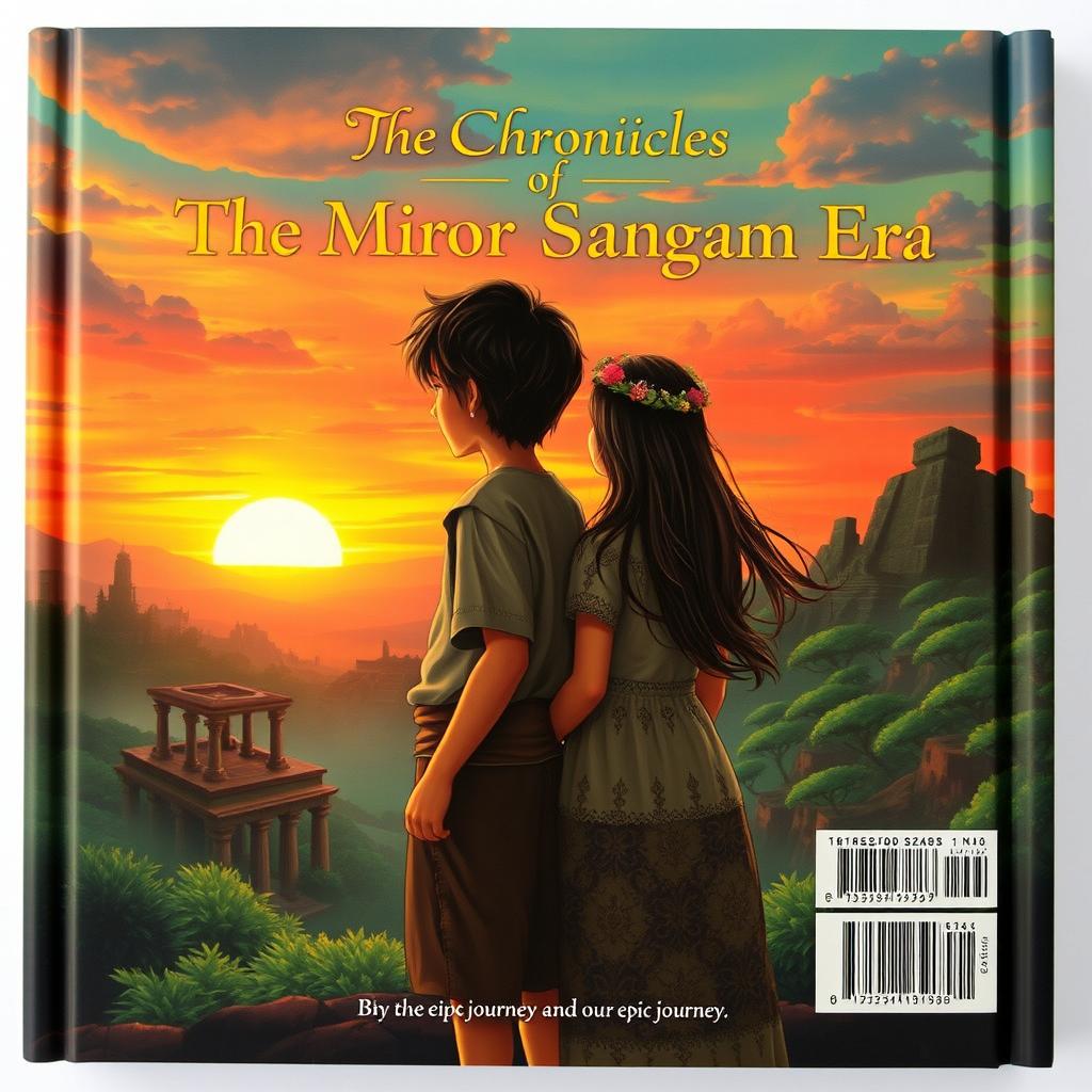 The back cover of a book titled 'The Chronicles of the Miror Sangam Era', showcasing a young boy and girl standing side by side, gazing into the horizon filled with vibrant colors of a sunset