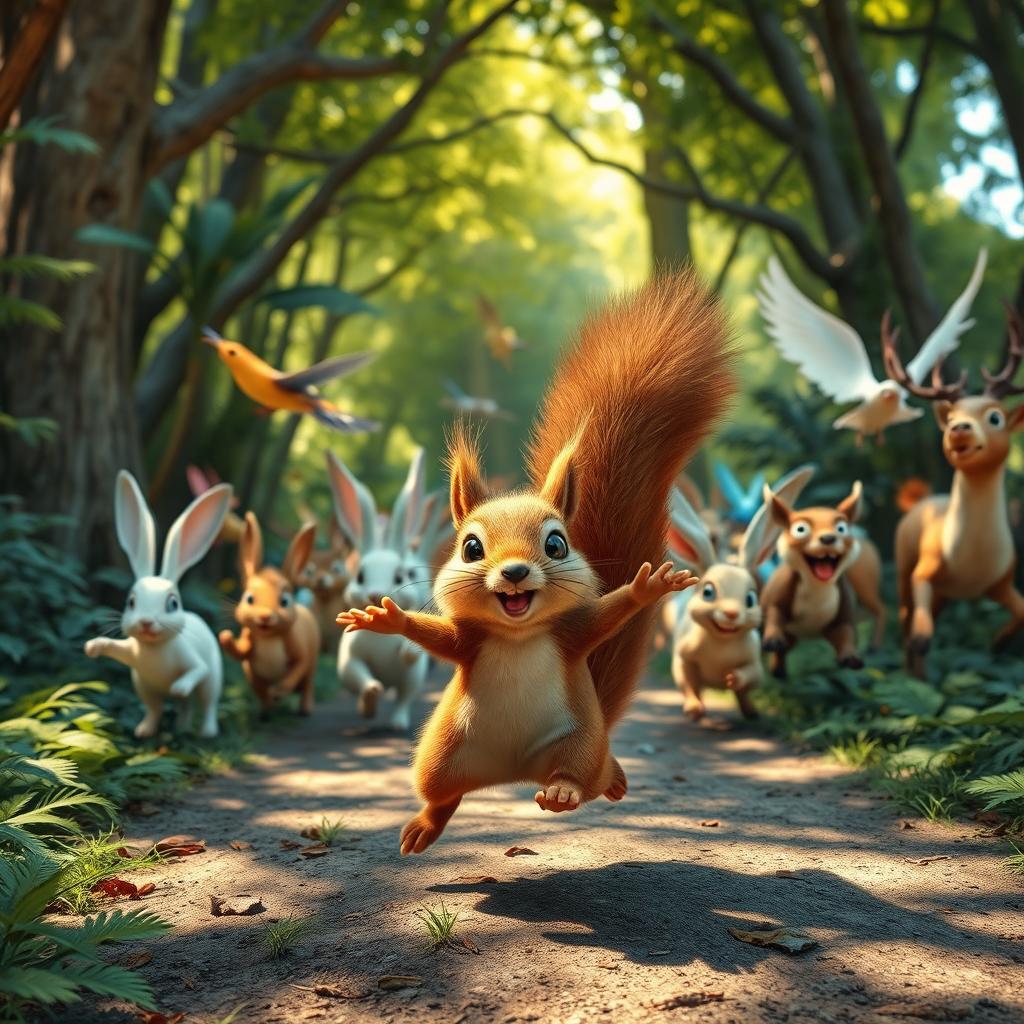 A lively scene featuring a cute squirrel energetically leading a stampede of various animals, including rabbits, deer, and birds, through a dense, vibrant forest