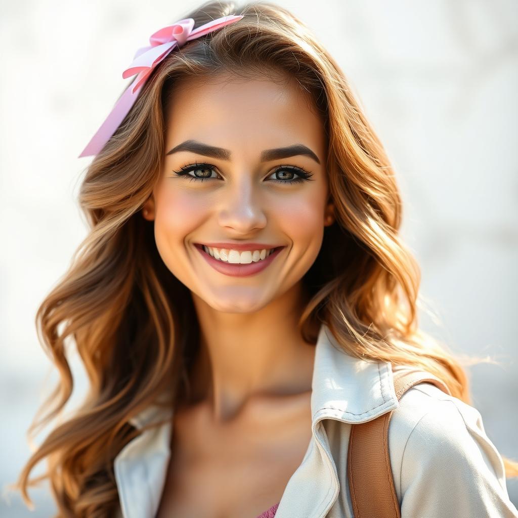 A beautiful woman from the provided image with wavy hair styled elegantly, wearing a casual yet stylish outfit