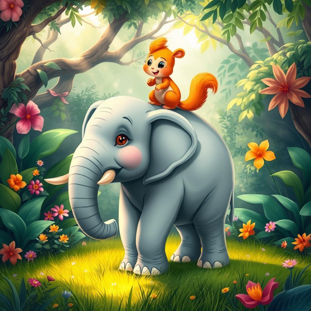 A whimsical scene depicting a small, cute squirrel playfully riding atop a large, gentle elephant