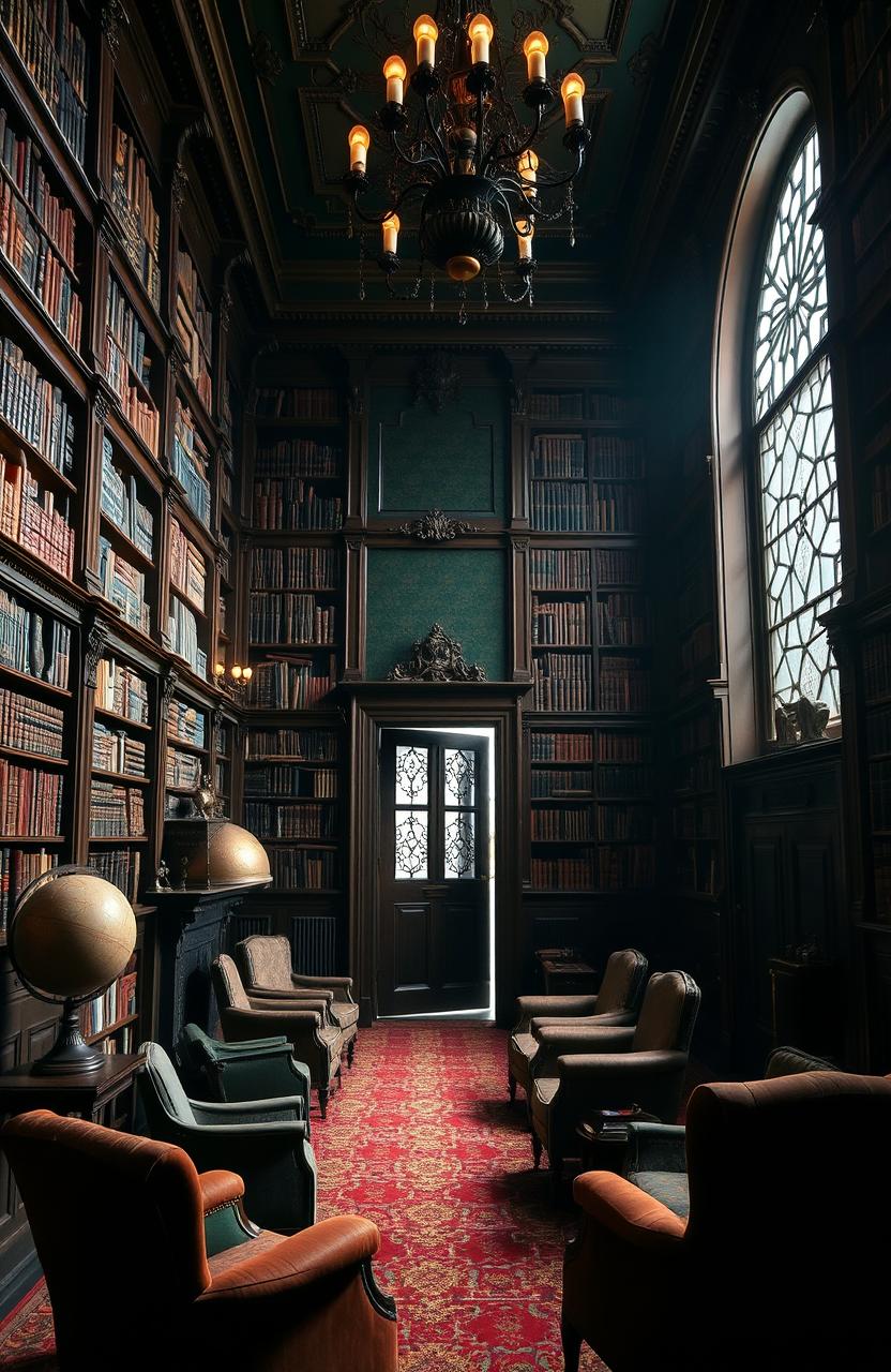 Inside a grand library of a mysterious estate manor, filled with towering bookshelves made of dark mahogany wood, filled with antique books