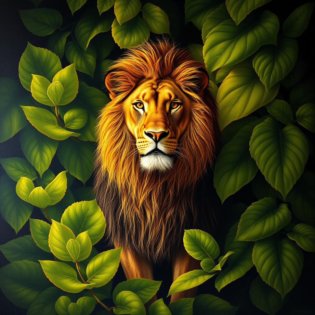 A majestic lion positioned at the center of a canvas, characterized by a detailed oil painting style reminiscent of the Renaissance era