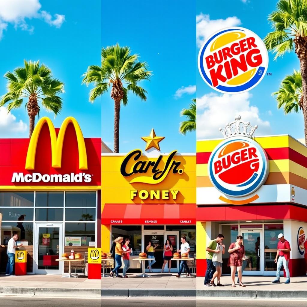 A vibrant, eye-catching comparison scene featuring the iconic fast food restaurants McDonald's, Carl's Jr