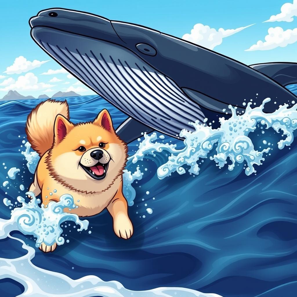 A playful Akita dog swimming joyfully in the ocean alongside a majestic whale, both interacting in a vibrant, friendly manner