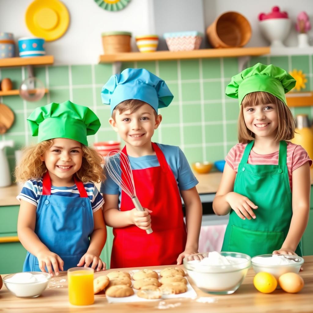 A cheerful scene showcasing a group of three children wearing colorful chef hats and matching aprons in a vibrant kitchen