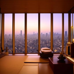 A luxurious Japanese penthouse with 1984 style decor, high above a bustling city skyline seen through large glass windows