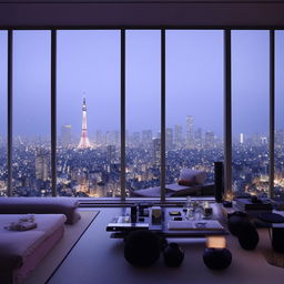 A luxurious Japanese penthouse with 1984 style decor, high above a bustling city skyline seen through large glass windows