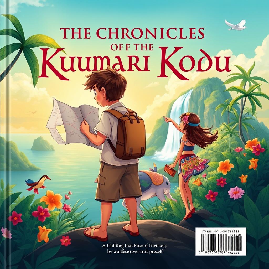 A captivating back cover illustration for 'The Chronicles of the Kumari Kodu', showcasing a boy and girl adventuring on a mystical island