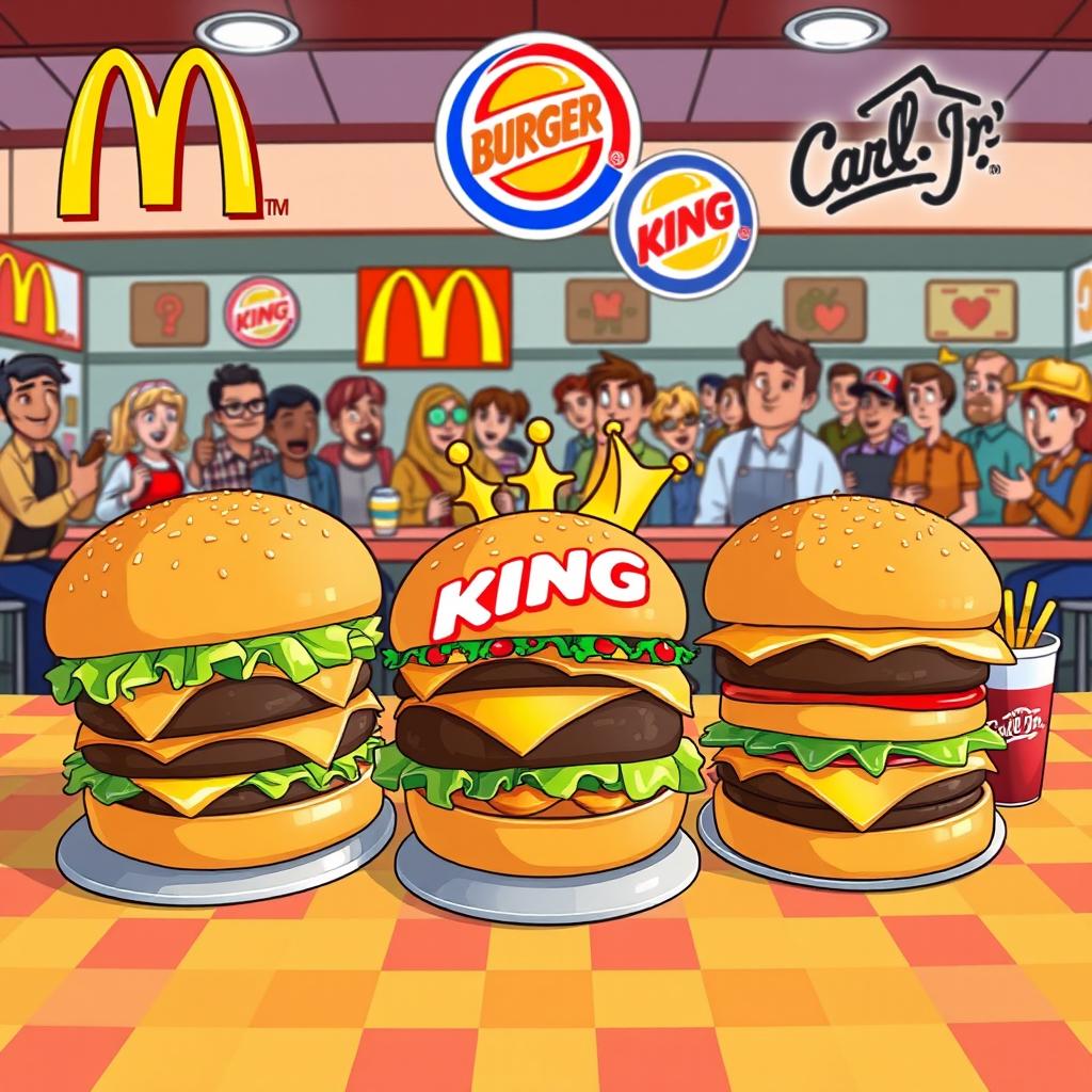 A vibrant and dynamic illustration showcasing a playful competition between three iconic fast food chains: McDonald's, Burger King, and Carl's Jr