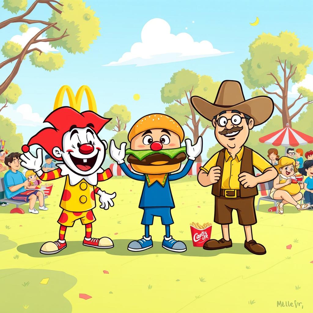 A lively and energetic scene depicting a friendly rivalry between three well-known fast food restaurants: McDonald's, Burger King, and Carl's Jr
