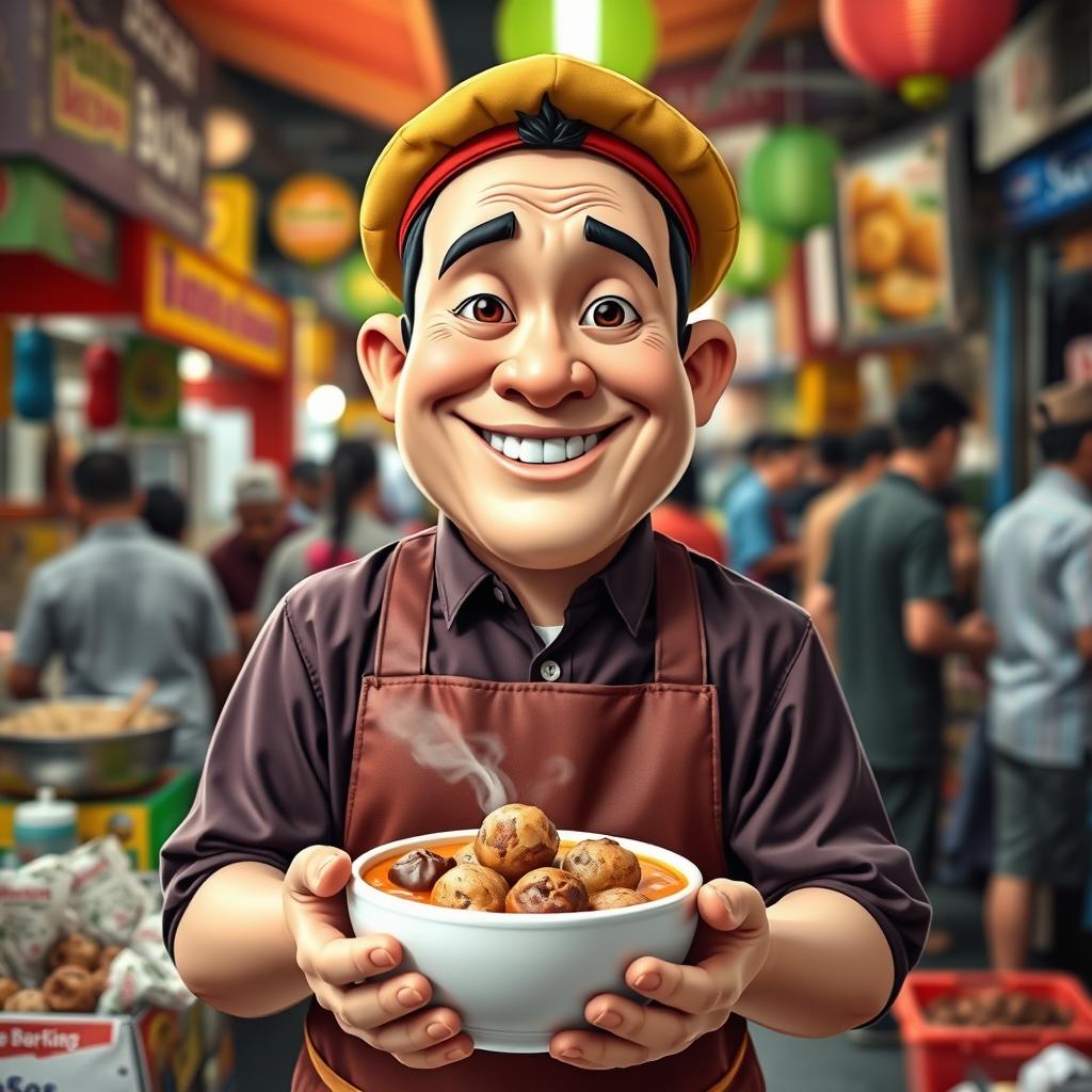 A humorous depiction of Jake from ENHYPEN transformed into a bakso (meatball) seller