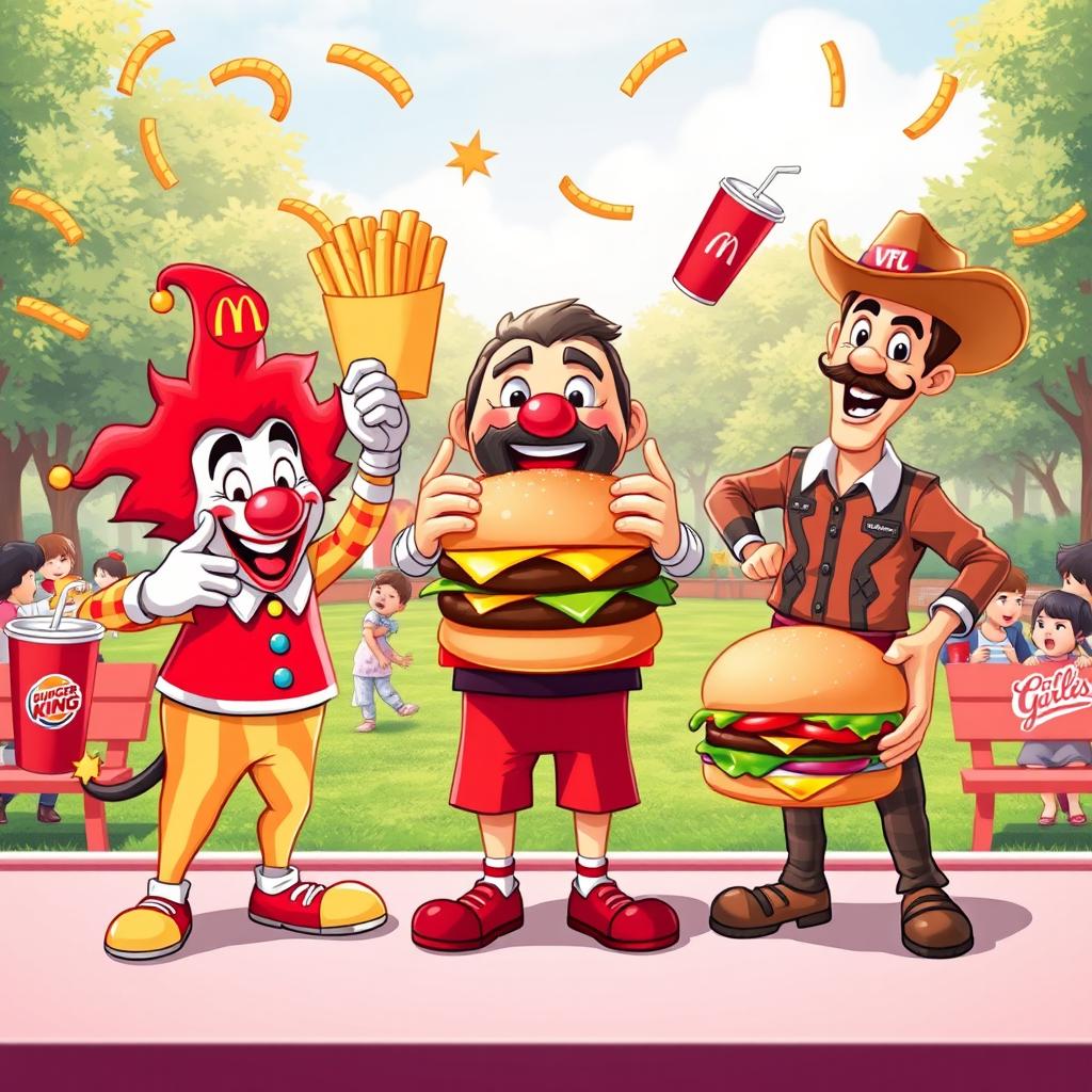 An engaging and humorous scene depicting a friendly rivalry among three famous fast food brands: McDonald's, Burger King, and Carl's Jr