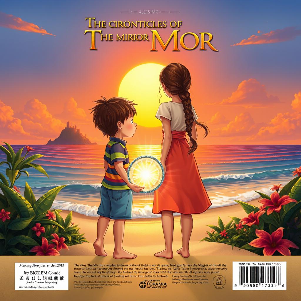 A captivating back cover design for 'The Chronicles of the Mirror: Kumari Kodu', featuring a young boy and girl standing on a beautiful beach, with the enchanting island of Kumari Kodu in the background