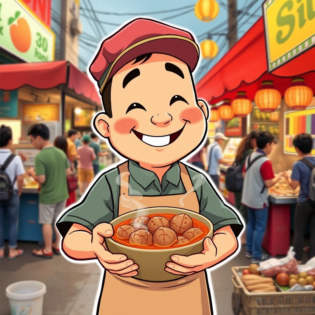 A funny illustration of Jake from ENHYPEN as a friendly bakso (meatball) seller