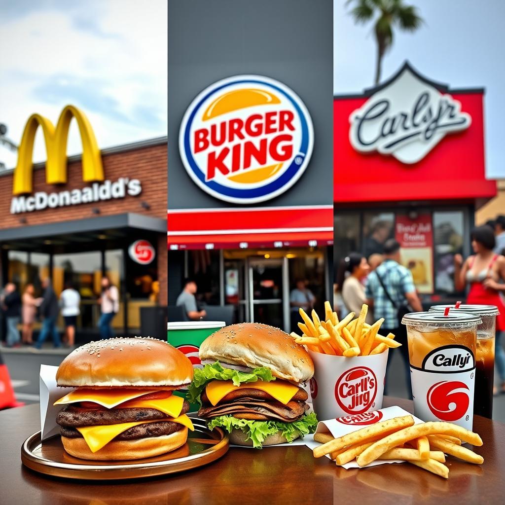 A real-life photography composition showcasing a comparative display of three famous fast food restaurants: McDonald's, Burger King, and Carl's Jr