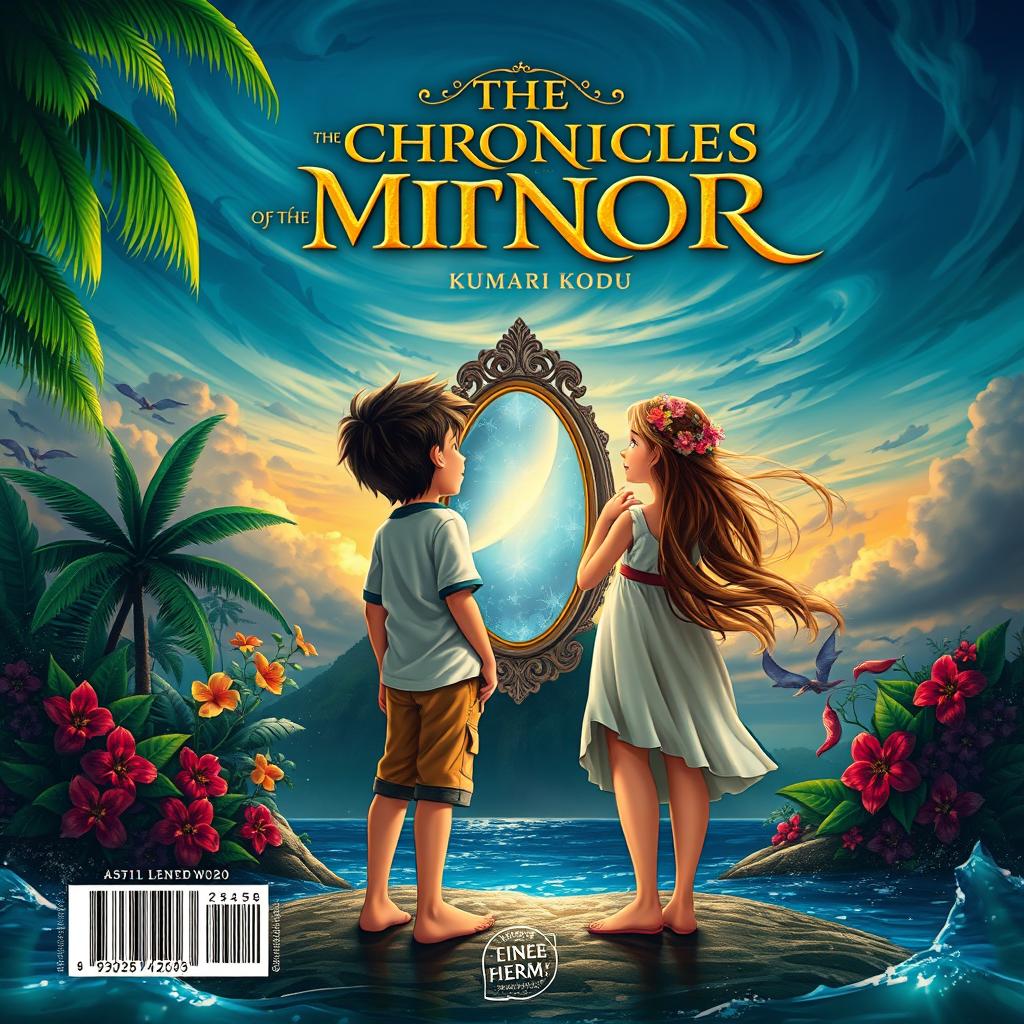 A captivating back cover design for 'The Chronicles of the Mirror: Kumari Kodu,' featuring a boy and a girl standing together on a mystical island