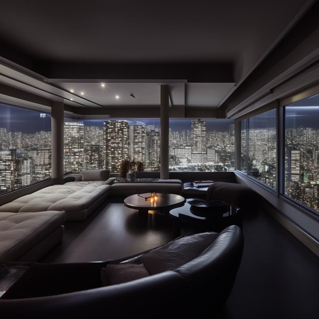 A luxurious Japanese penthouse with 1984 style decor, high above a bustling city skyline seen through large glass windows