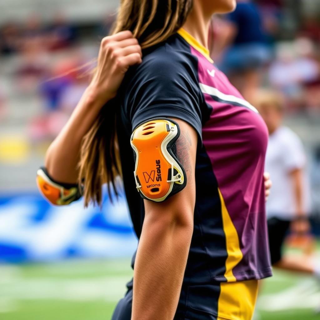 A person in an athletic stance, wearing small lacrosse elbow pads that add a sporty touch to their outfit