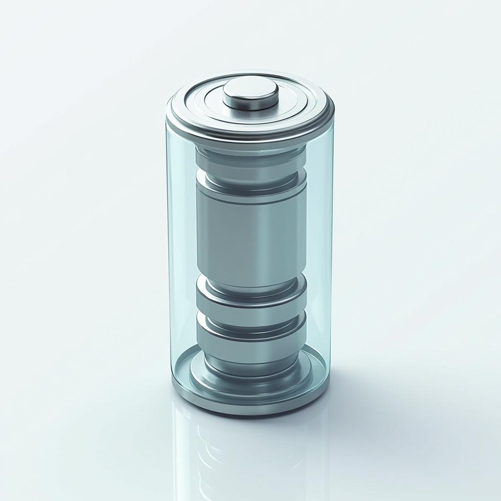 A detailed illustration of a cylindrical prismatic battery cell, featuring metallic and plastic elements
