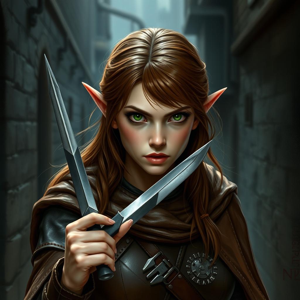 A brown-haired elf standing in a dark alley, her face reflecting a life of hard times