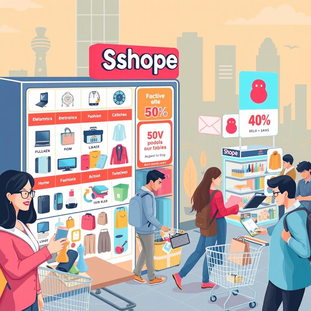 A vibrant Shopee online shopping scene, showcasing an array of affordable products like electronics, fashion items, and home goods