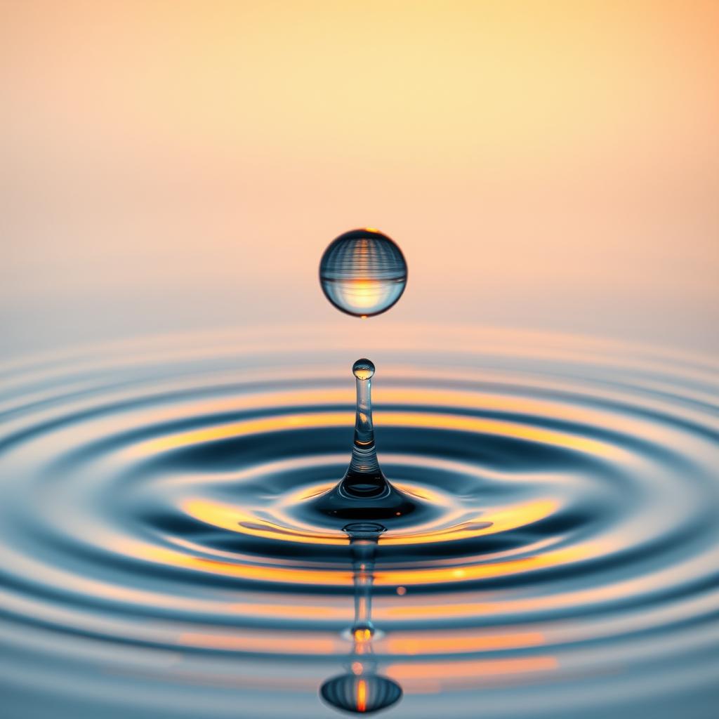 A close-up shot of a water droplet suspended in the air, with a beautifully rendered ripple effect forming beneath it in clear, shimmering water